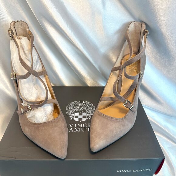 NWT! Vince Camuto Neddy Stone Taupe True Suede Adjustable Strap Pump Heels - 10